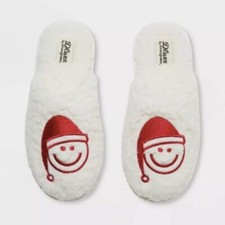 Dearfoam Dluxe Women's Cream Slide On Slipper- Smily Face with Santa Hat- Size S