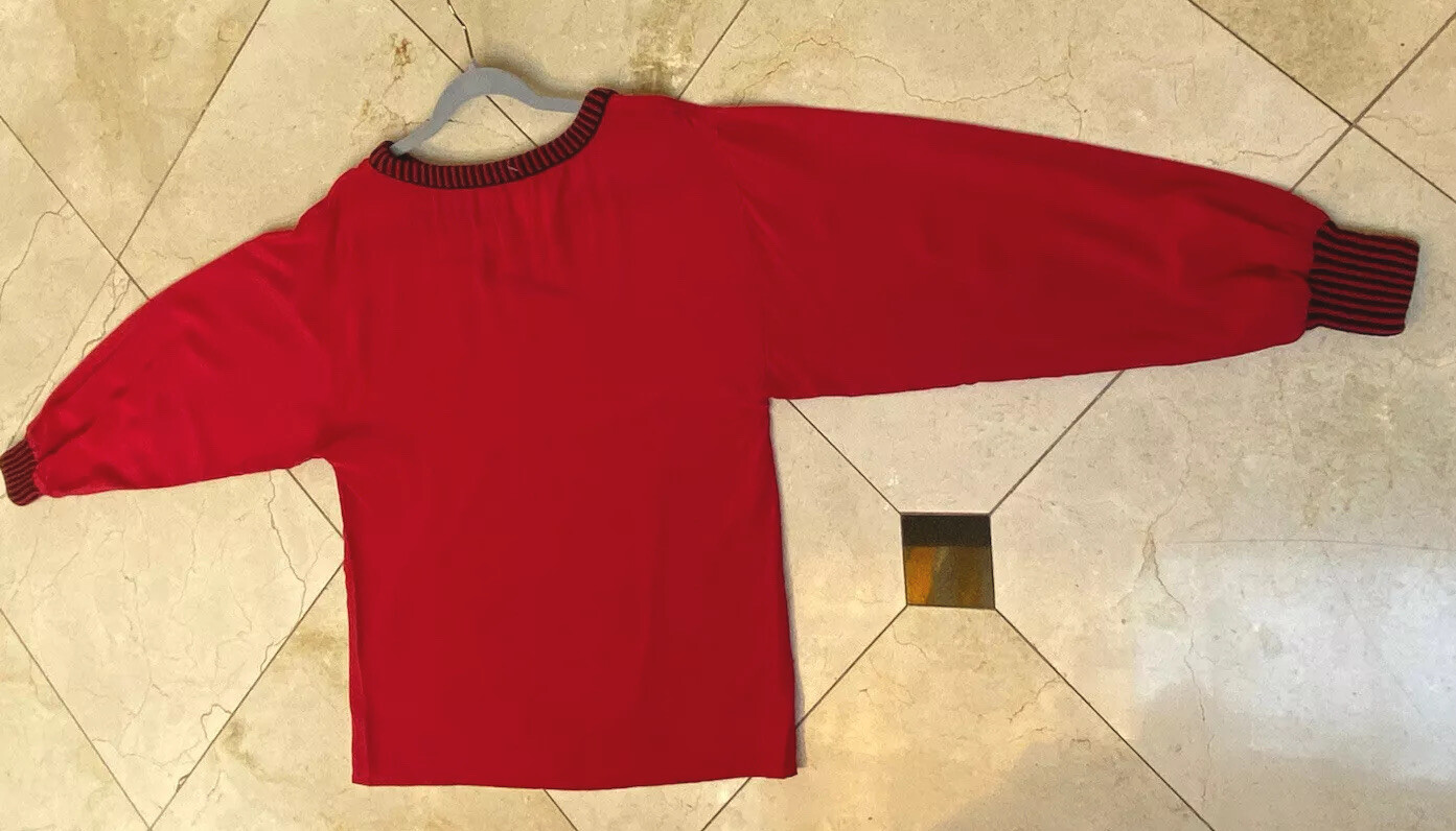 SAINT LAURENT Camicia vintage Yves St. Laurent M seta rossa + finiture nere a righe collo lungo Sl barca