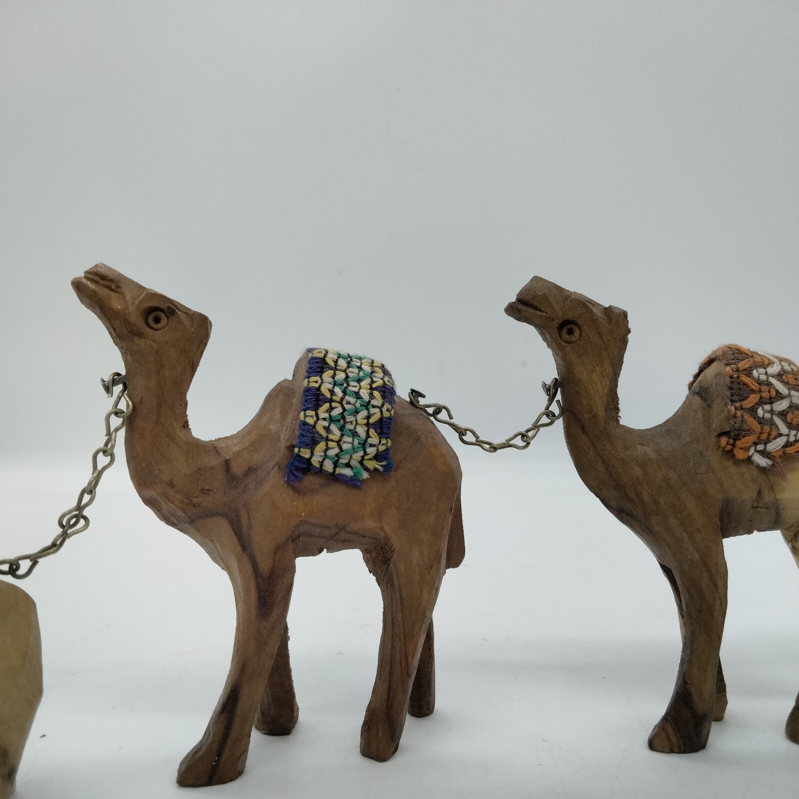 Hand Carved Olive Wood Chained Camels(3) and Donkey with Rider Nativity Figurine