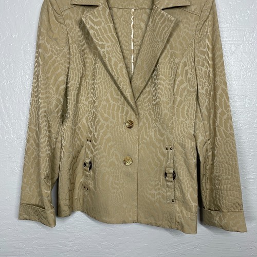 St John Women M Tan Jacquard Jacket Blazer Collar Gold Button Front Career - Picture 2 of 12