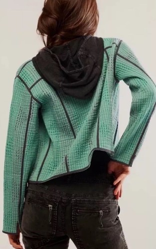 Free People One Tavi Quilted Jacket Hood Stitching Zip Up Snap Green Black XS - Picture 4 of 6