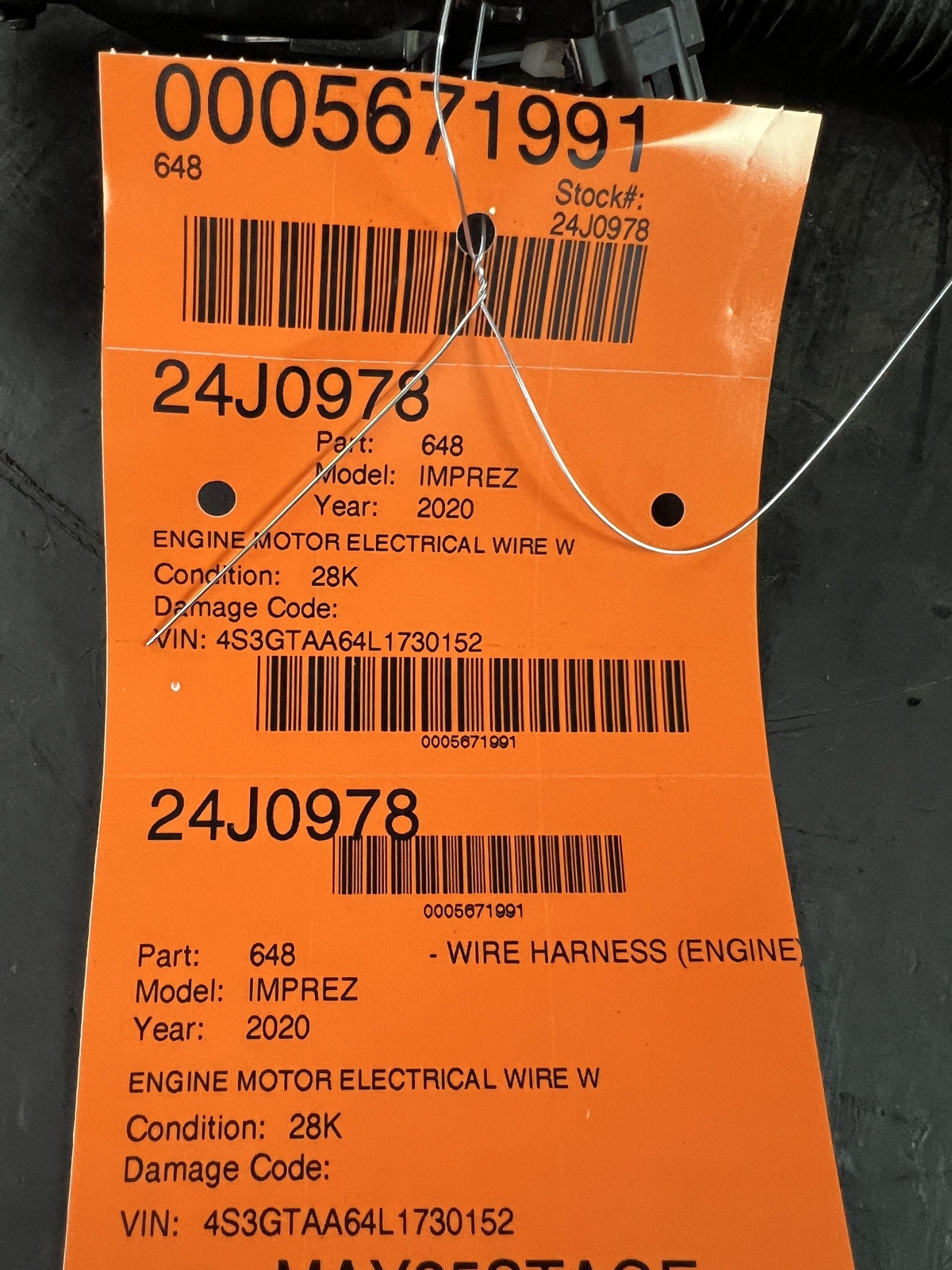 2020 IMPREZA ENGINE MOTOR ELECTRICAL WIRE WIRING HARNESS 08/20, 2.0, AT