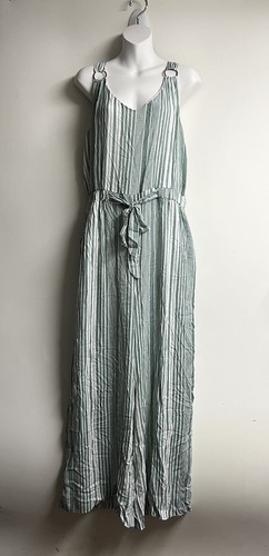 Derek Heart Woman Jumpsuit WideLeg Elastic Waist Tie Front Green/White XL - Picture 1 of 14