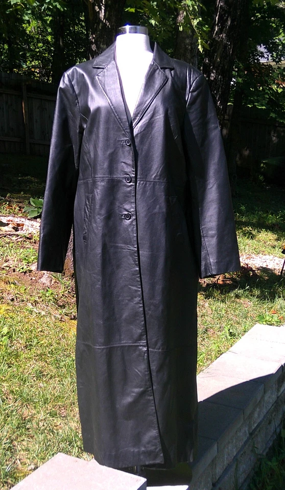 Goth 长黑色皮革长裙掸子夹克 XL VGUC