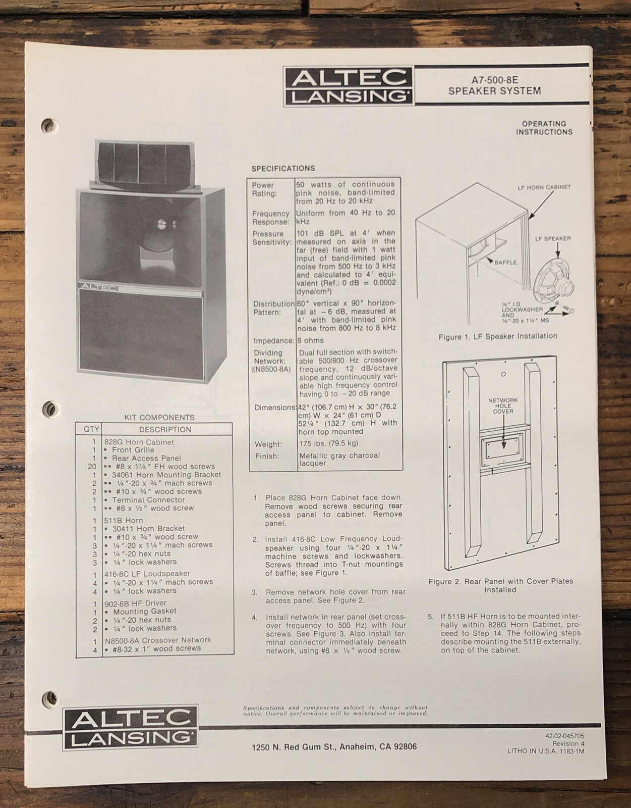 Altec Model A7-500 8E Speaker  Owner / User Manual *Original*