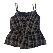 White House Black Market Black Plaid Faux Wrap Sleeveless Blouse Chiffon 10