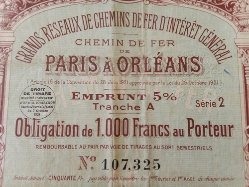 Obligation/Empreint 1000 Francs-1921-Au Porteur-Chemins De Fer-Paris Orleans-TB - Photo 2/4