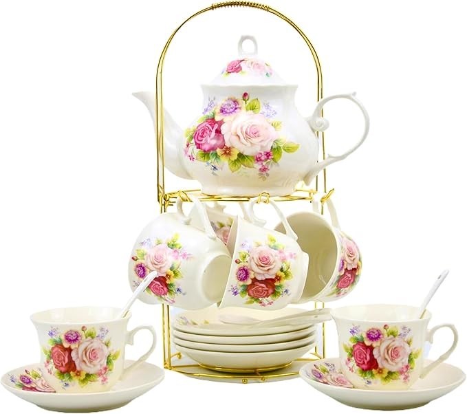 20 Piece Porcelain Tea Set for 6 Cups, Saucers and Kettle with