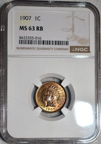 NGC MS-63 RB 1907 Indian Head Cent, Blazing, Predominantly Red specimen.