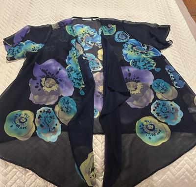Susan Graver 1/4 Sleeve Chiffon Sheer Navy Blue Floral Kimono - Open Front - NOS