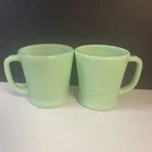 Vintage 1948-62 Set of 2 Jadeite Fire King Mugs D Handle Coffee Tea Cup Ovenware