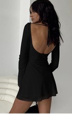 GOBLES Black Backless Tie Flared Long Sleeve Scoop Neck Bodycon Mini Dress