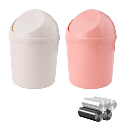 2 Pcs Plastic Mini Wastebasket Trash Can with Swing Lid with 120 Trash Bags, Tin