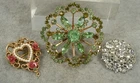 Lot of Three Vintage Costume Jewelry Brooches Green & Clear Rhinestones