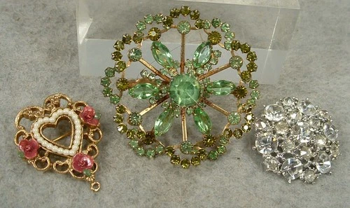 Lot of Three Vintage Costume Jewelry Brooches Green & Clear Rhinestones