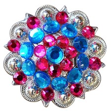 C-TY16 Set Of 16 Western Screw Back Concho Blue Fuchsia Crystal 1-1/4In Saddle