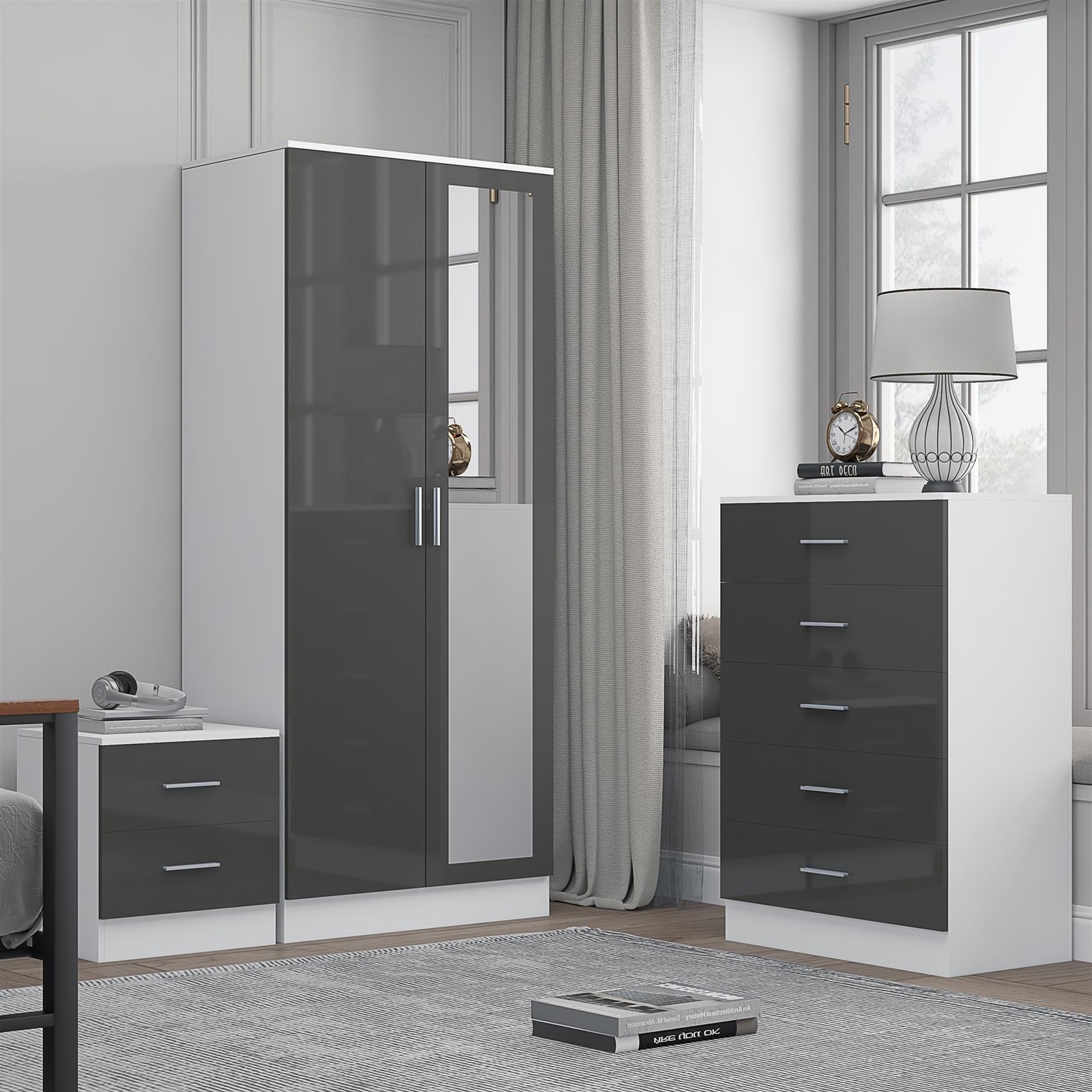REFLECT 2dr Mirror + Chest of Drawers + Bedside - Grey/White