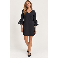 J.Crew Ruffle Tie Sleeve Dress Womens 2 Black V-Neck Bell Sleeve Career Preppy
