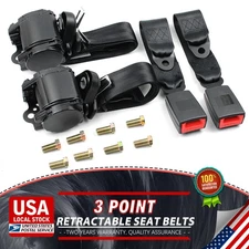 2x 3 Point Retractable Car Safety Seat Belt Lap Diagonal Belt Adjustable black