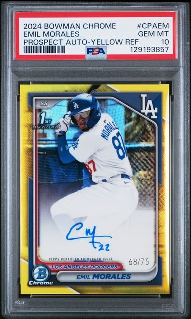 2024 Bowman Chrome - Emil Morales 1st Yellow Refractor Auto /75 PSA 10 Dodgers