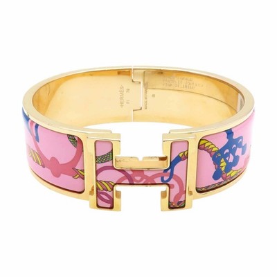 HERMES Clic Clac H PM Pink Enamel Gold Plated Bangle Bracelet Auth