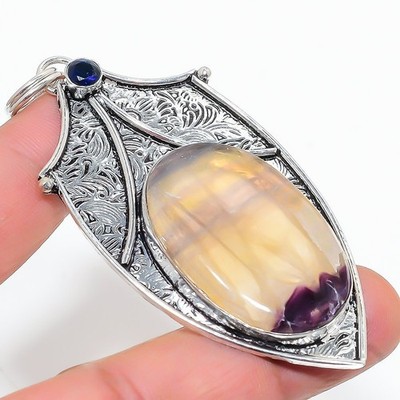 Fluorite, Blue Topaz Gemstone 925 Sterling Silver Jewelry Pendant 3.07'' e313