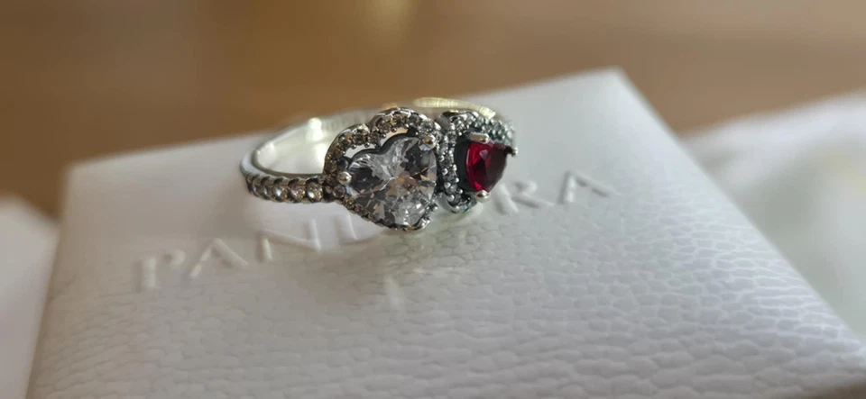 Pandora Halo Hearts Ring 925 Silver Size 8 (56) Two Hearts Red & Clear CZ - Image 4 of 4