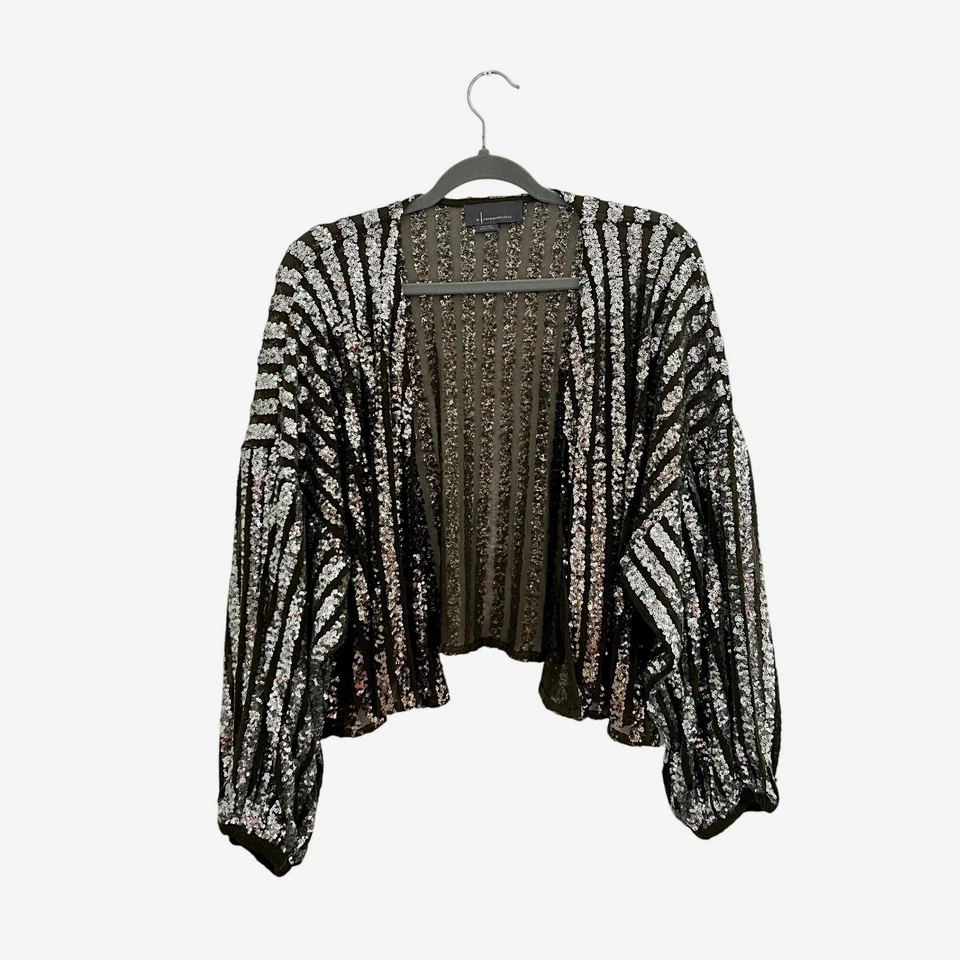 Anthropologie блестки кимоно оливковый зеленый серебряная полоса чистый вечеринки верхний блейзер OS - Изображение 2 из 4