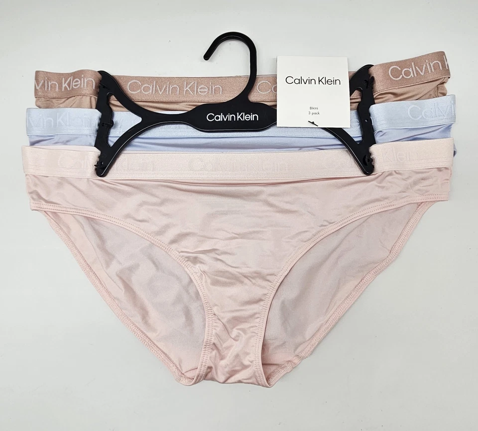 Calvin Klein Mujer S M L 3 Pk Logo Cintura Satén Bikini Beige Azul Rosa Rubor Foto 2 de 4