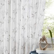 Grey Floral Sheer White Curtains Panels 84 inch Embroidery Leaf Patterned Far...