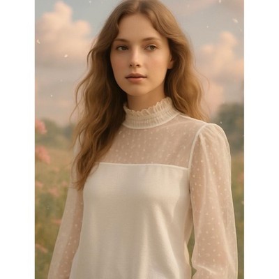 W5 Elegant White Swiss Dot Blouse with Sheer Sleeves - Size L - Stylish look