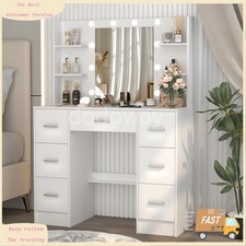 7 Drawers Vanity Desk Set with Large LED Lighted Mirror for Bedroom Makeup Table
