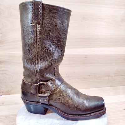 Vtg Frye Harness 12R Moto Boots Womens 9 M Olive Green Biker Square Toe Western