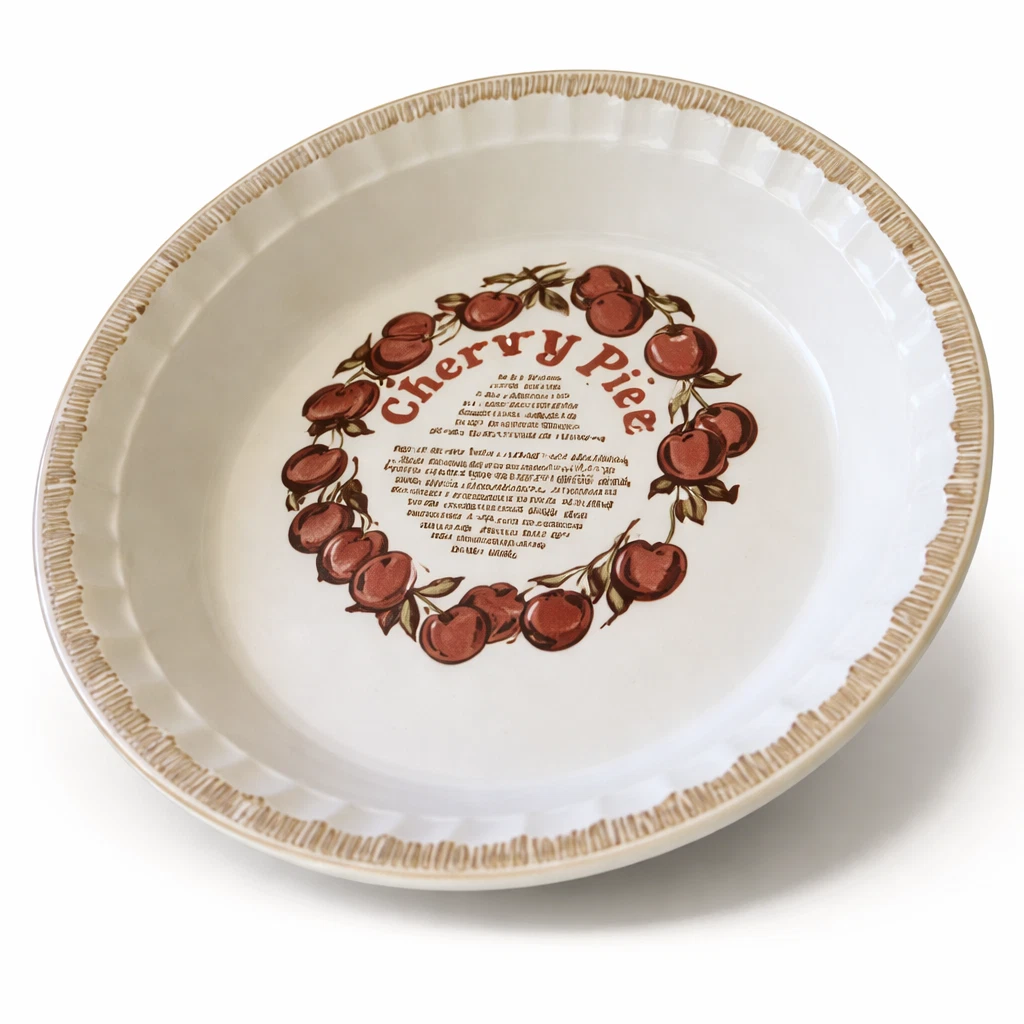 Vintage Cherry Pie Recipe Ceramic Pie Dish 10” Fluted Gold Rim Oven Safe