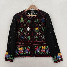 Vintage Designers Originals Studio Cardigan Sweater Womens Large Black Christmas