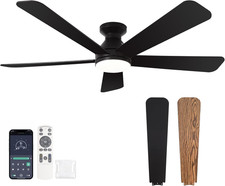 52" Black Flush Mount Ceiling Fan with Light, Remote, 6 Speeds, Noiseless Motor