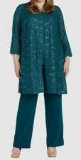 R&M Richards Women Green 3 Piece Embellished Jacket Tank Pants Set Plus Size 22W