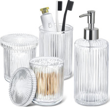 Bathroom Accessories Set, 4 Pack Clear Glass Bath Accessory Sets Complete, Ribbe