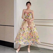 Sweet Fairy Flowers Evening Dresses Sexy Strapless Tea-length A Line Prom Dress