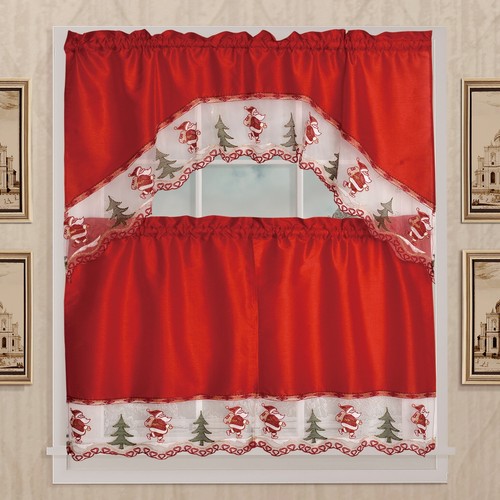 Kitchen Curtain Set 3 PC Christmas Window Decor, Ruffled Swag Valance & Tiers - Picture 13 of 54
