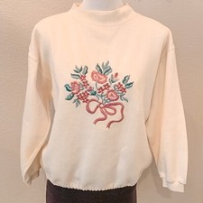 Vintage 90s Westport Ltd Embroidered Grandma Sweater Tan Cream Floral Small