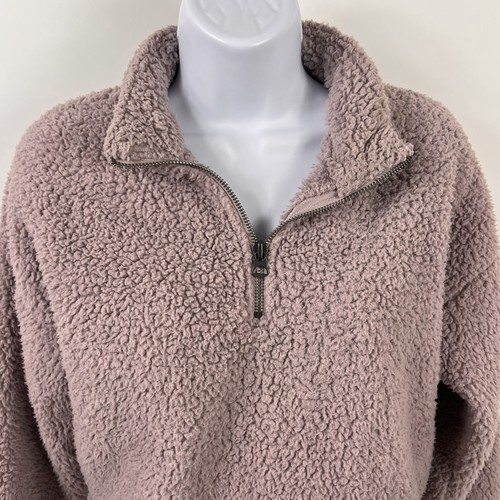 American Eagle Fleece Sweater Womens XS 1/4 Zip Long Sleeve Crop Pink Soft Fuzzy - Picture 4 of 12