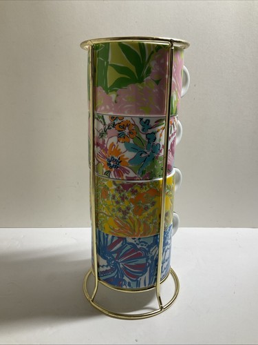 Lilly Pulitzer Set 4 Stackable Mugs Coffee Tea Espresso Hard To Find Colors Cups - Picture 6 of 8