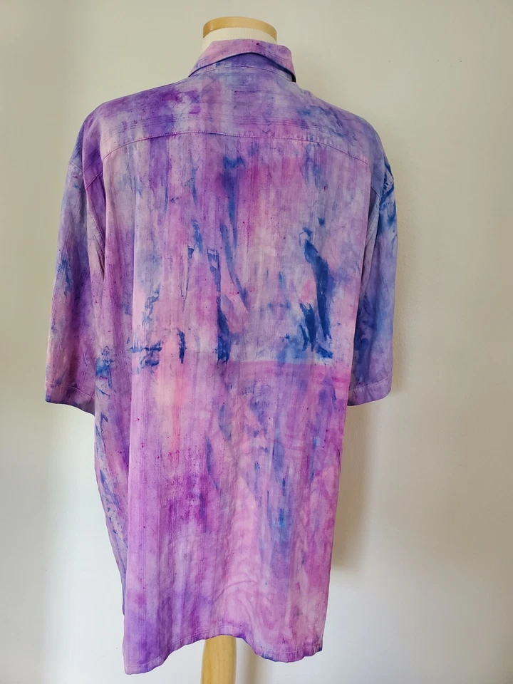 NEW Mens Short sleeve Silk Shirt Purple pink navy blue lavender tie dye large XL - Image 3 of 4