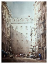 Original Aquarell Gemälde Malerei impressionistisch City Straßenschlucht