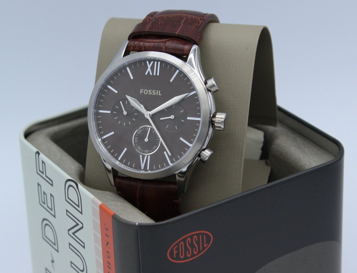 NEW AUTHENTIC FOSSIL FENMORE CHRONOGRAPH SILVER BROWN LEATHER  