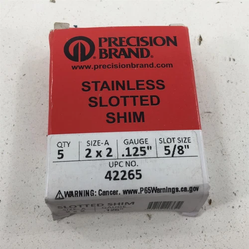 (5) Precision Brand 42265 Stainless Slotted Shim 2x2 0.125" 5/8" Slot