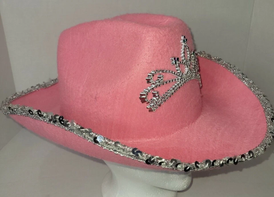 Sombrero vaquero/vaquera rosa para niñas/niños con tiara y decoración de secuencia-B Foto 2 de 4