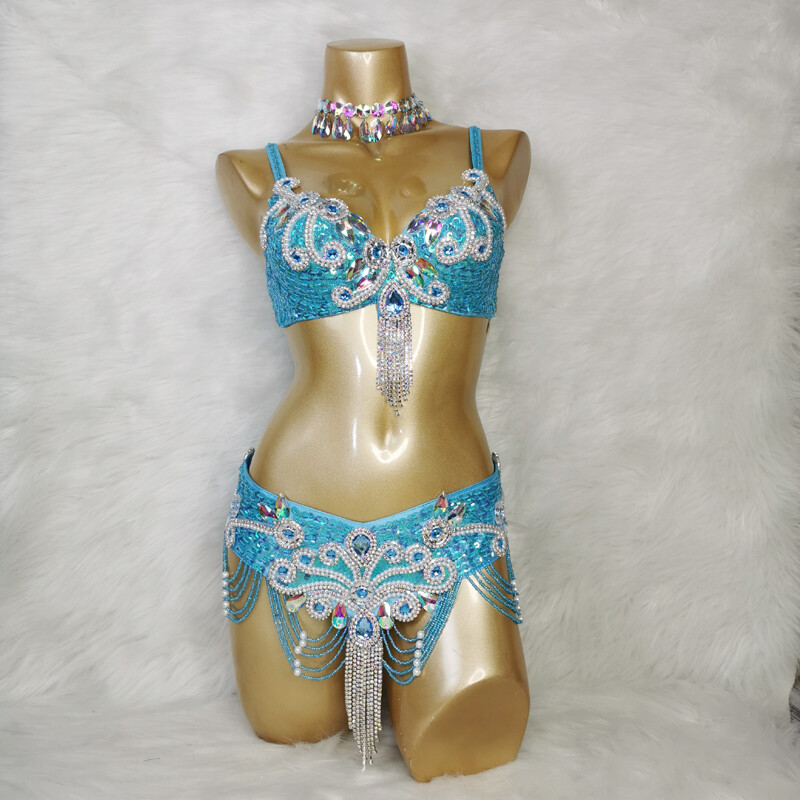 Lentejuelas Piedras Cuentas Danza del Vientre Disfraz Carnaval EDC Conjunto Sujetador Cinturón 8 Colores