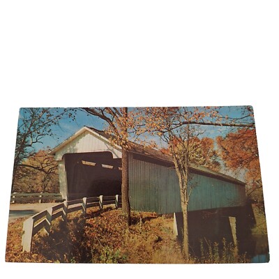 Postcard Covered Bridge Fall Leaves Indiana Chrome Unposted